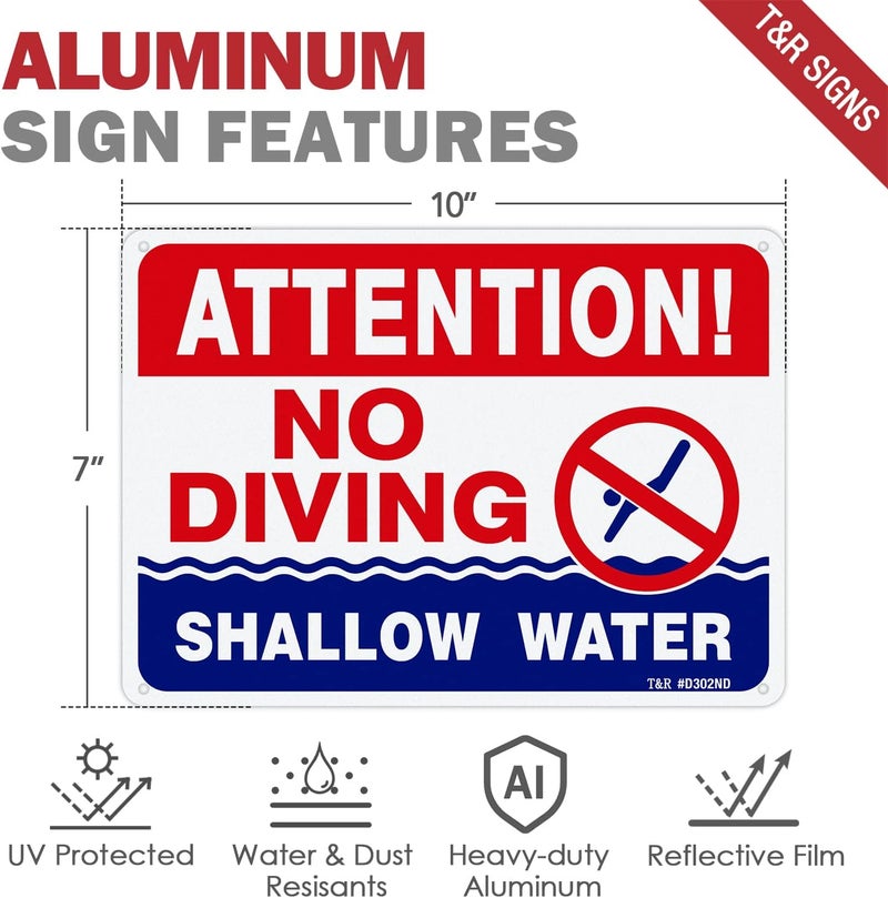 TR No Diving Sign Shallow Water - 2 Pack - 10"x7" .040 Rust Free Heavy Aluminum, Reflective, Waterproof, Weatherproof and Fade Resistant, 4 Pre-drilled holes, Easy to Mount - Image 2
